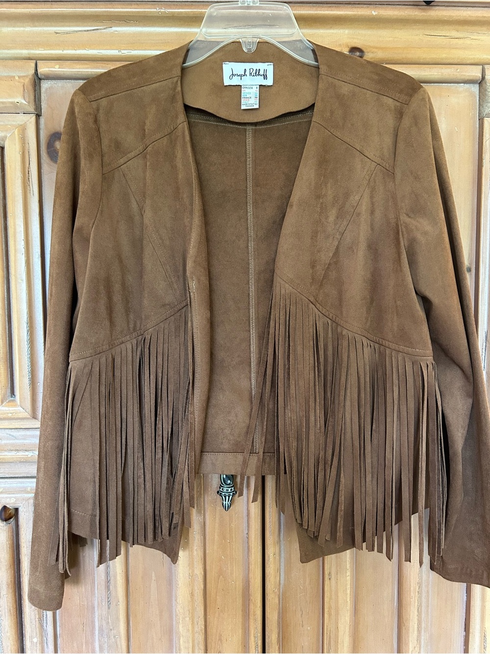 Adorable faux suede crop fringe jacket, size 8, NWOT